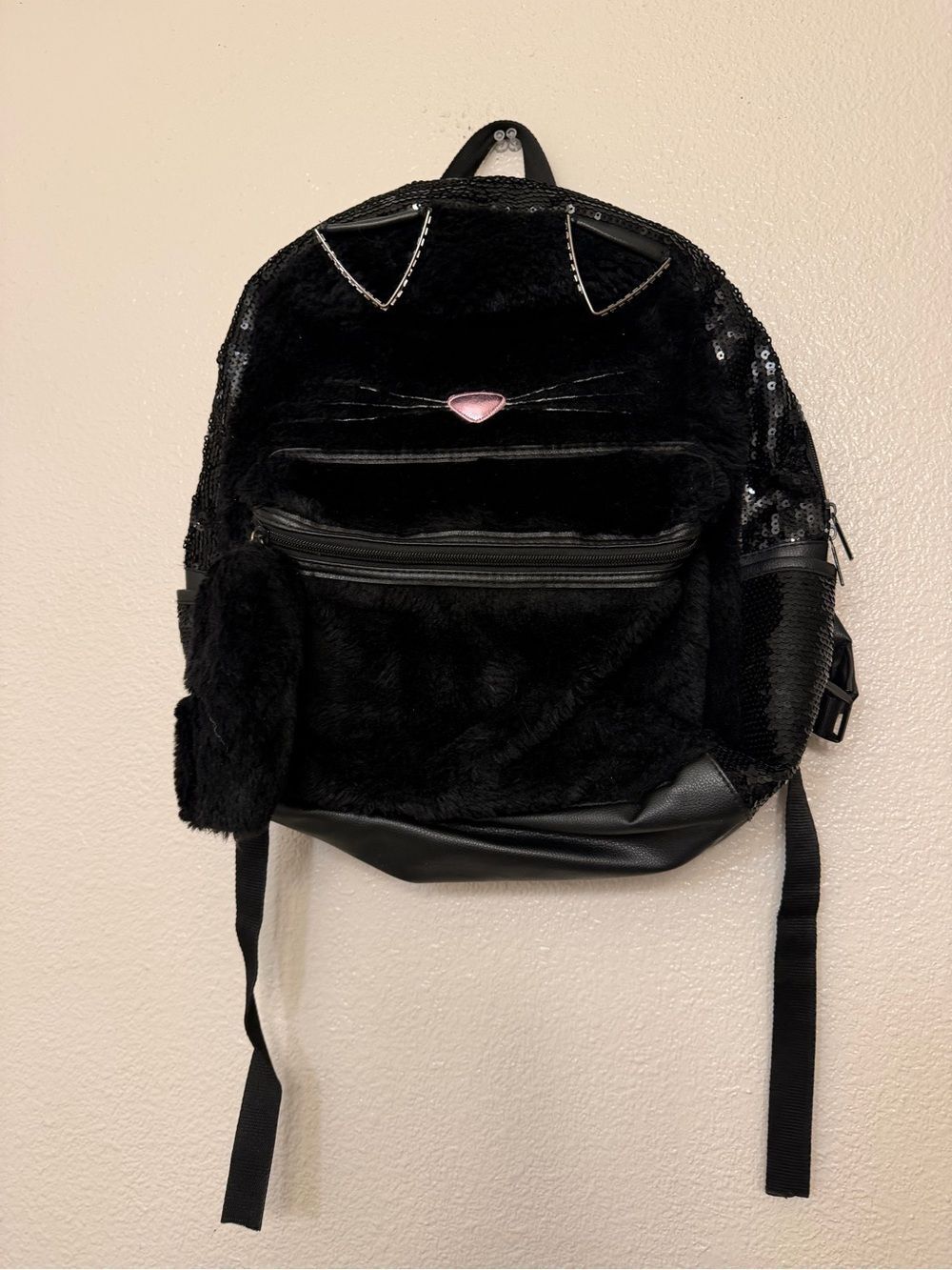 Claire's black fuzzy furry cat backpack sequin faux leather